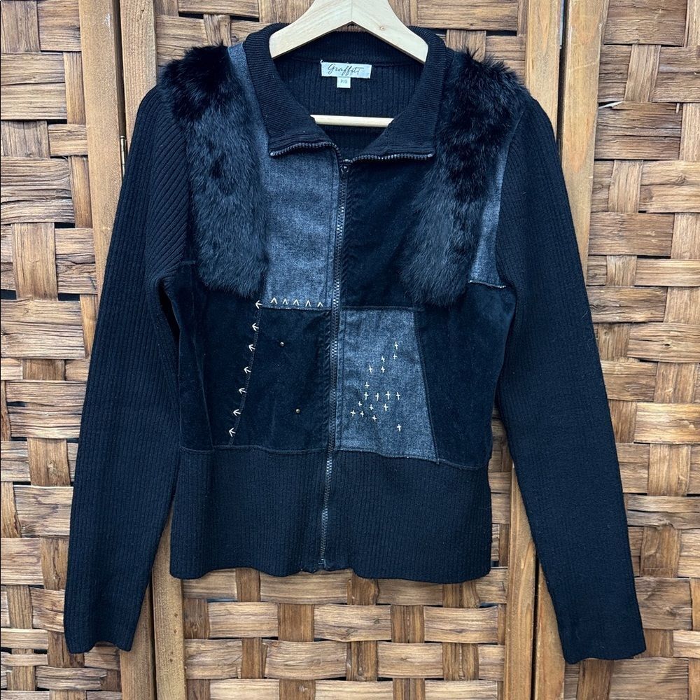 Vintage Graffiti Black Fur Panel Jacket
